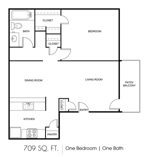 Floor plan for 1 bed, 1 bath, 709 sqft